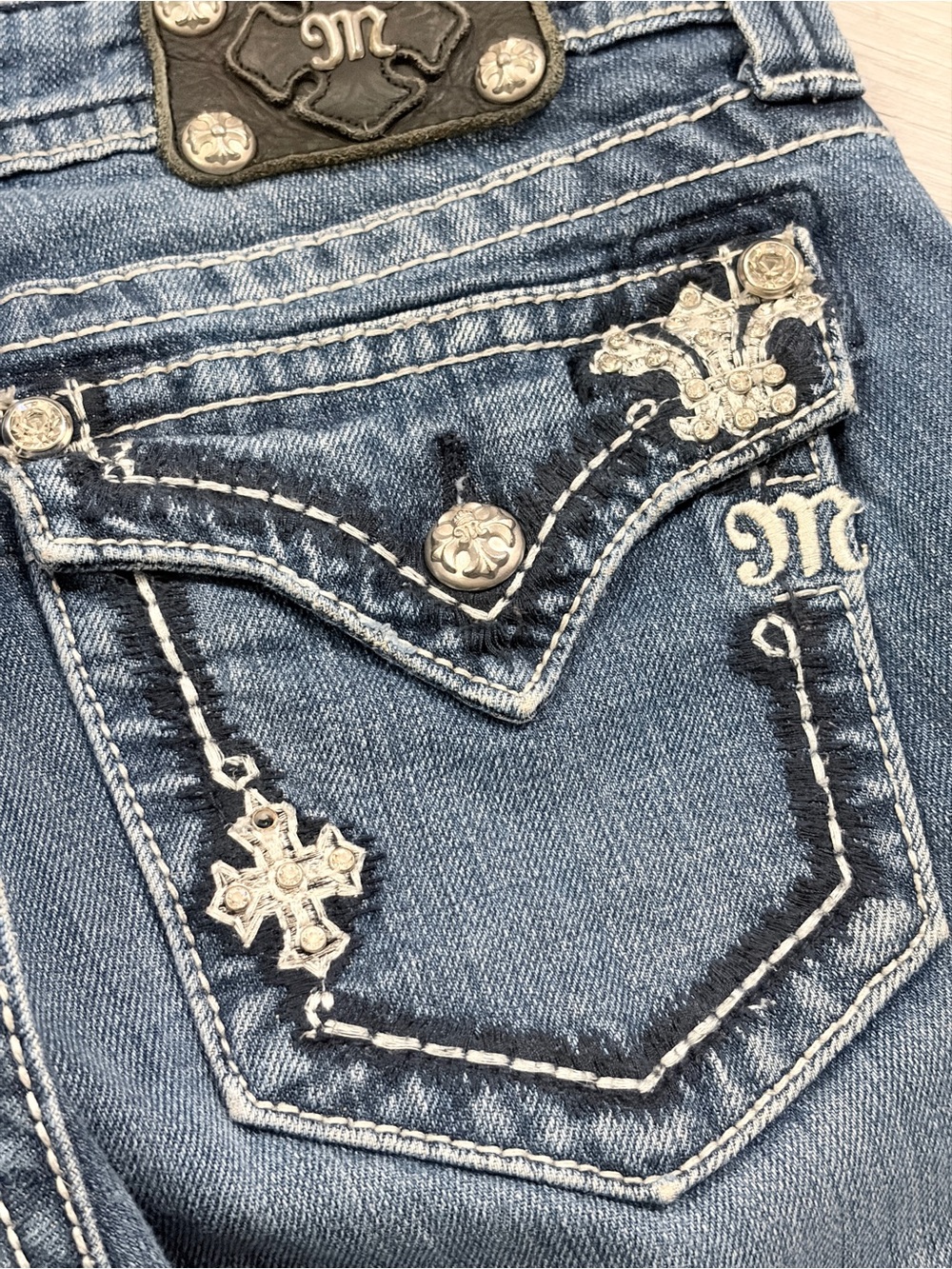 Miss Me Blue bootcut Jeans with Jeweled Cross Pocket